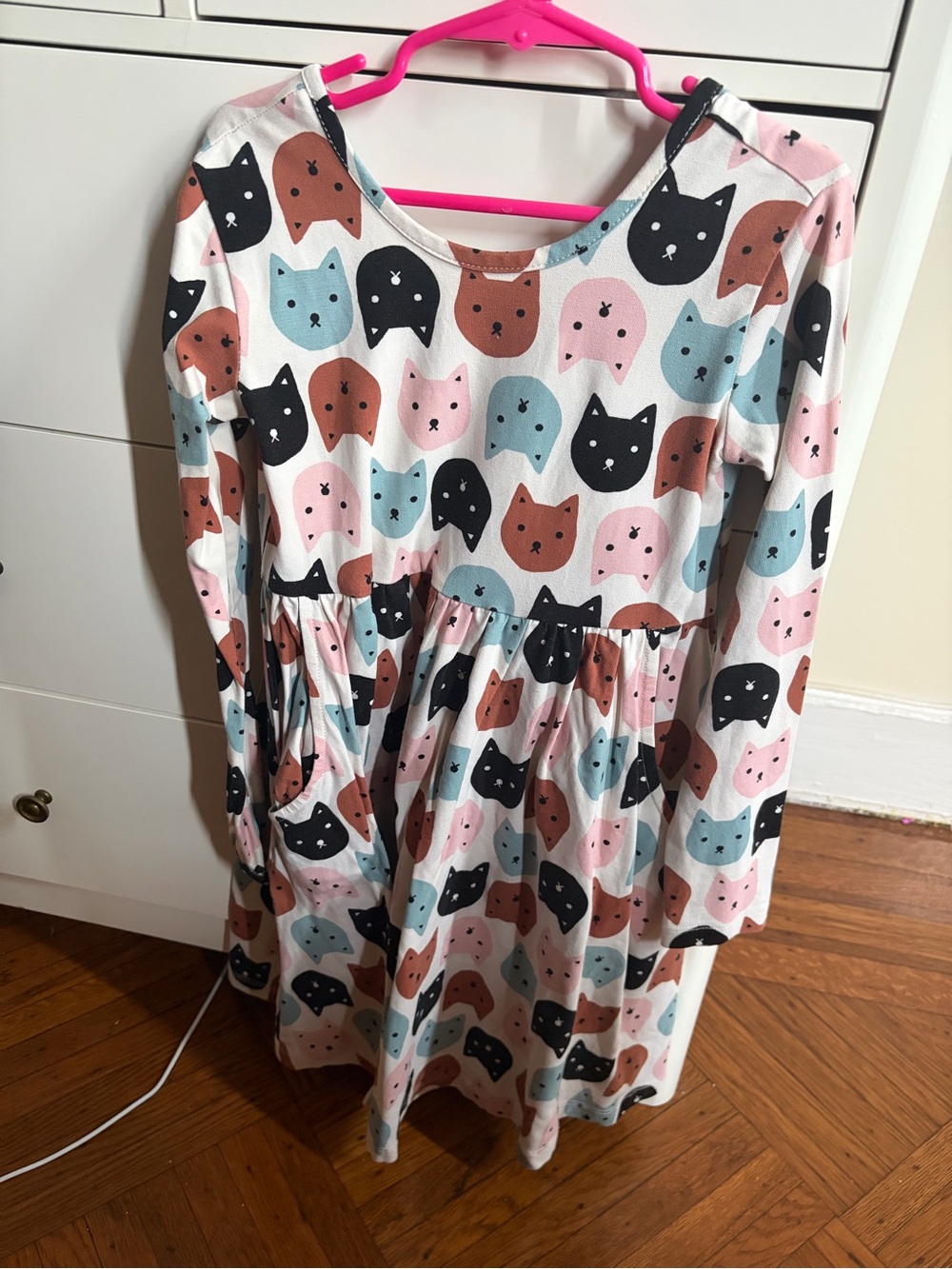 Hanna Andersson Long-Sleeve Cat Face Dress - Pink, Blue, Brown, Black